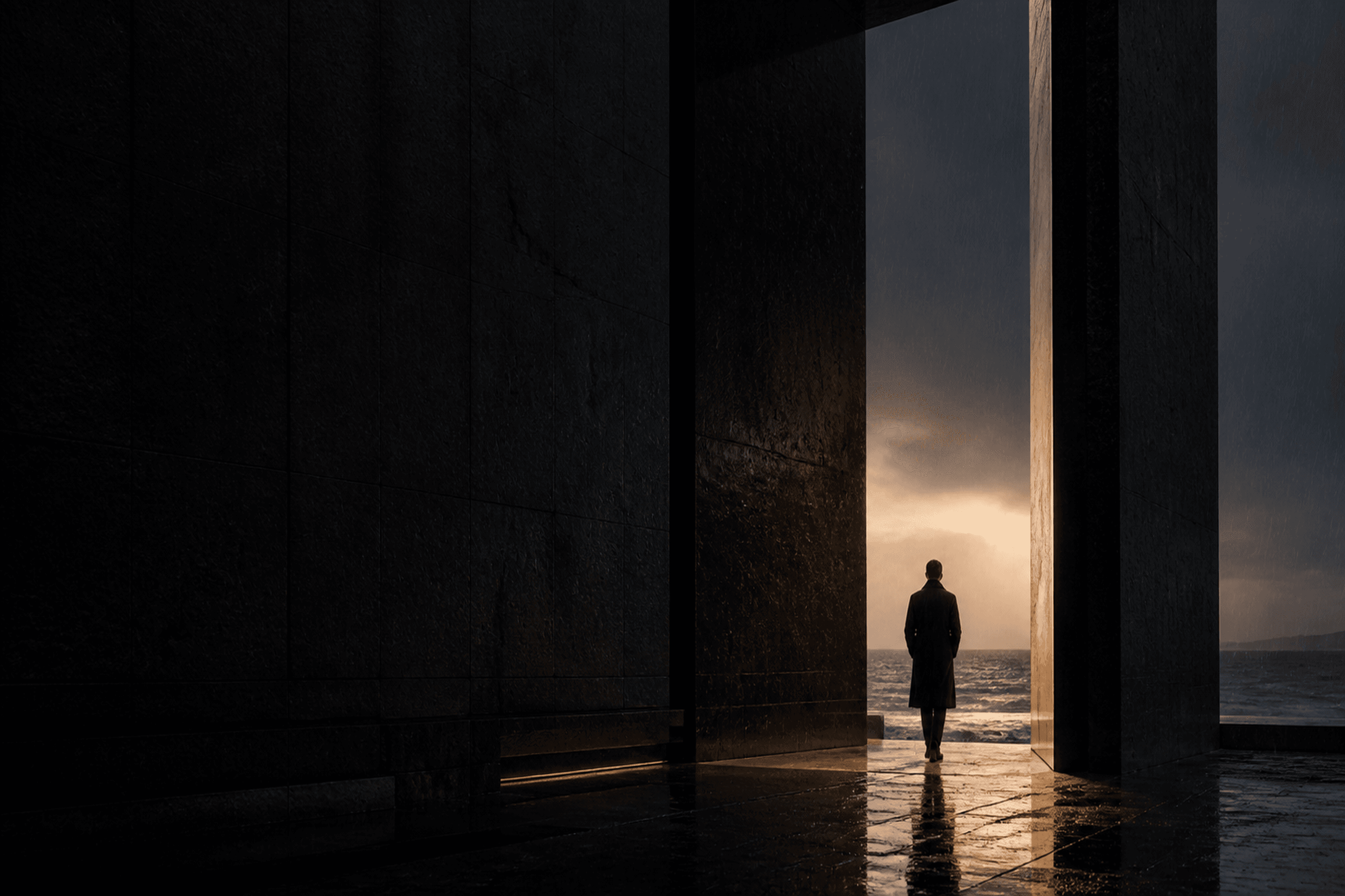 A lone figure crossing a rain-dark stone pavilion toward the sea