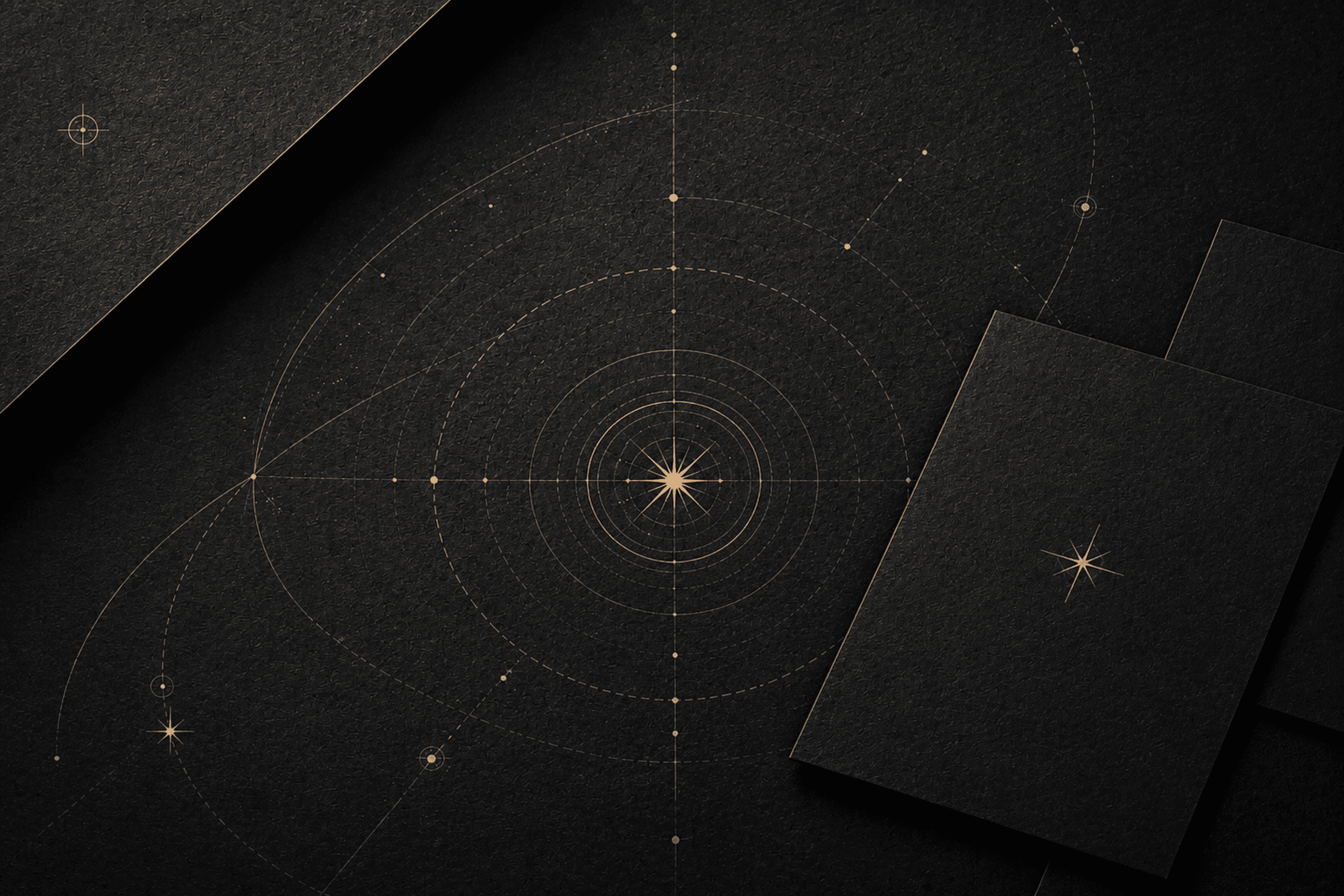 Celestial drafting lines printed across black paper beside stacked identity cards