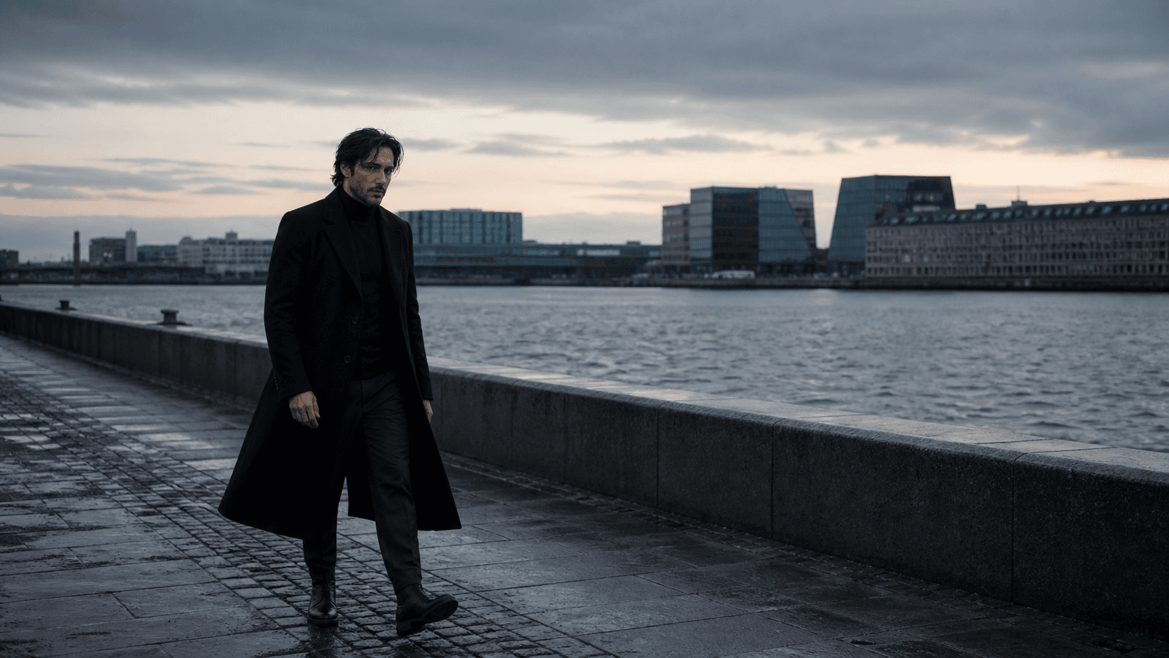 Deus crossing an empty waterfront at winter dawn