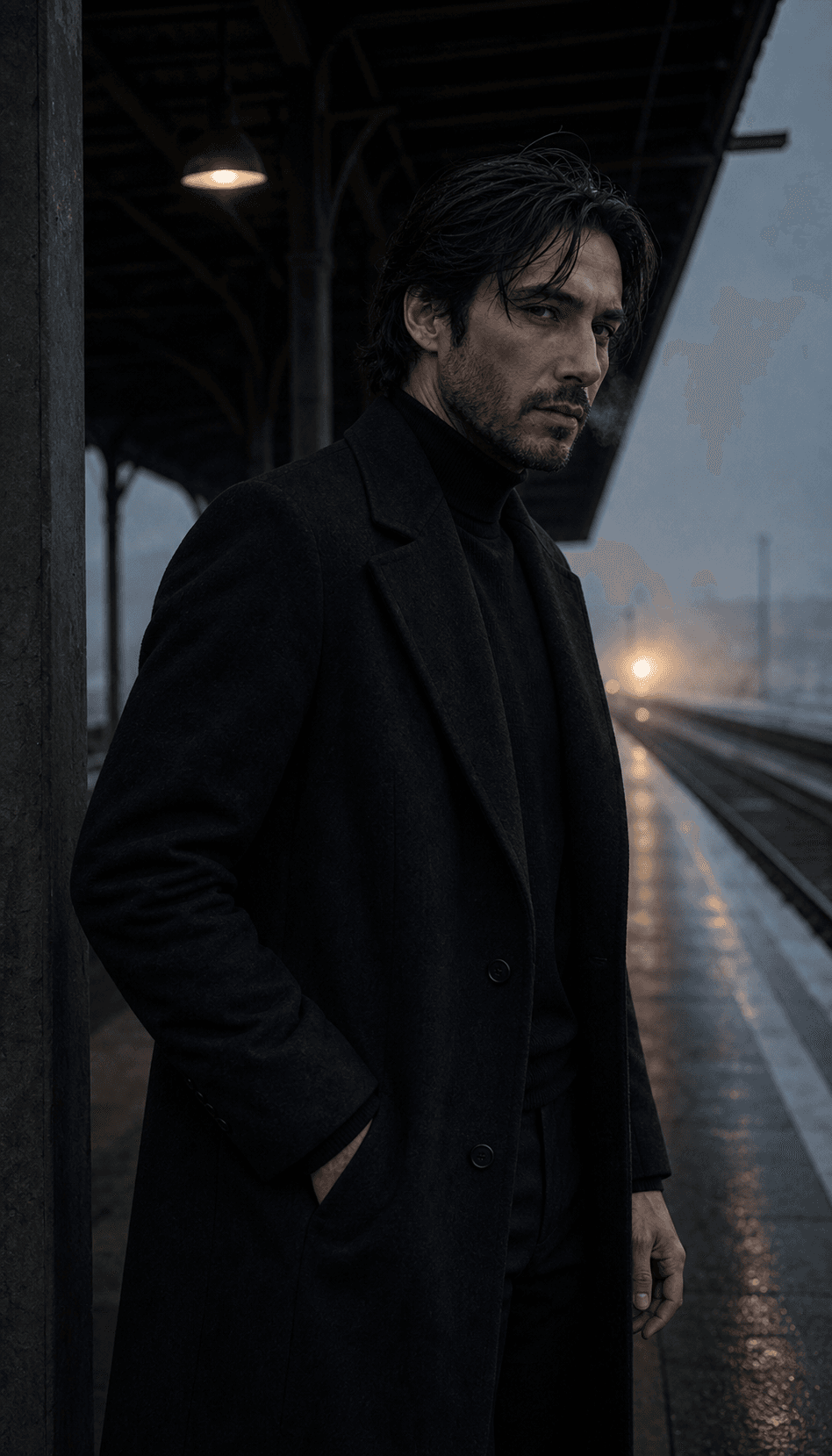 Deus at an empty train platform before sunrise