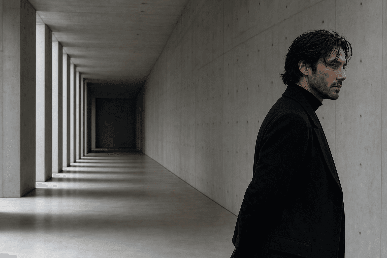 Deus in profile inside a monumental concrete corridor