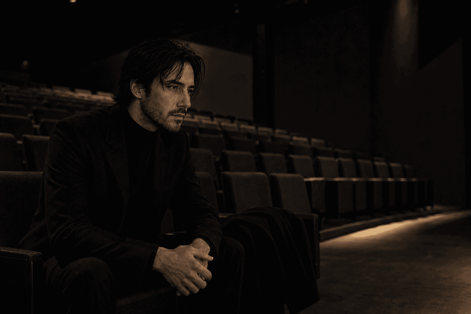 Deus alone in an empty modernist theatre