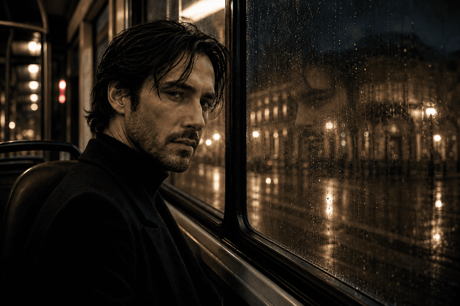 Deus beside rain-covered moving glass