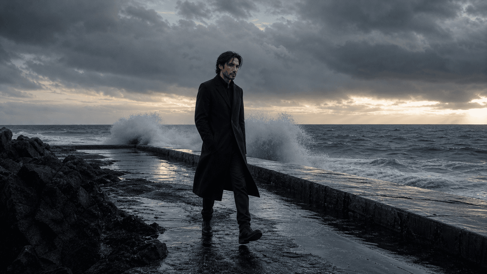 Deus beside a storm-dark sea in Weather Line