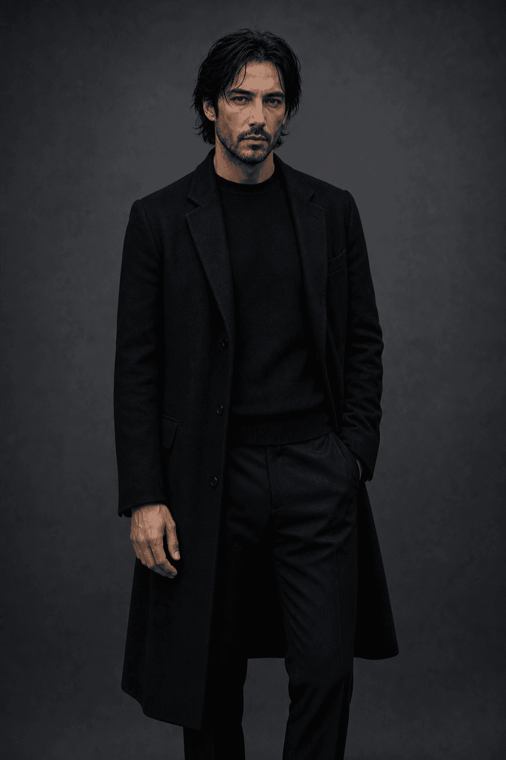 Deus — 02 Techno Noir Coat V3. Studio role: techno-noir coat. Human-directed v3 replacement with long black coat and no glasses; canonical Deus identity preserved. Final consolidated human lock remains pending.