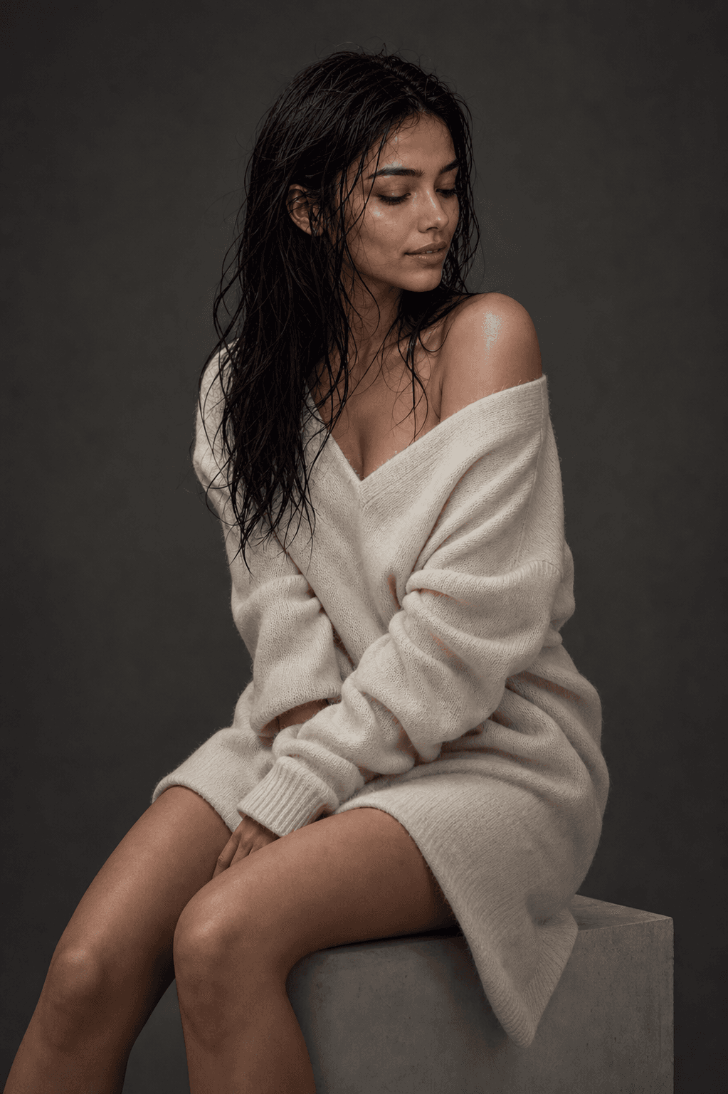 Monica seated quietly in a spare studio
