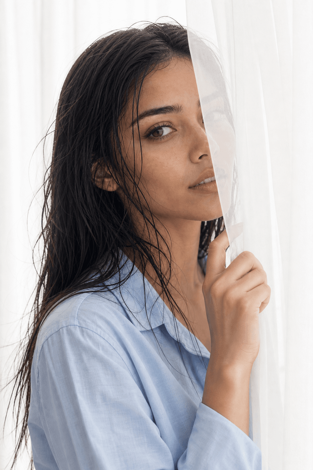Monica beside a pale studio curtain in soft window light