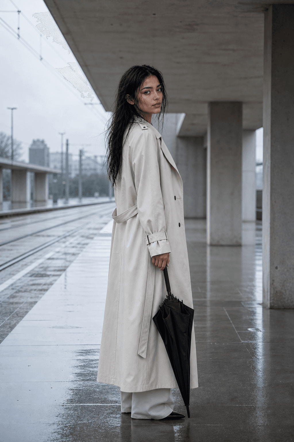 Monica waiting alone on a tram platform at blue hour