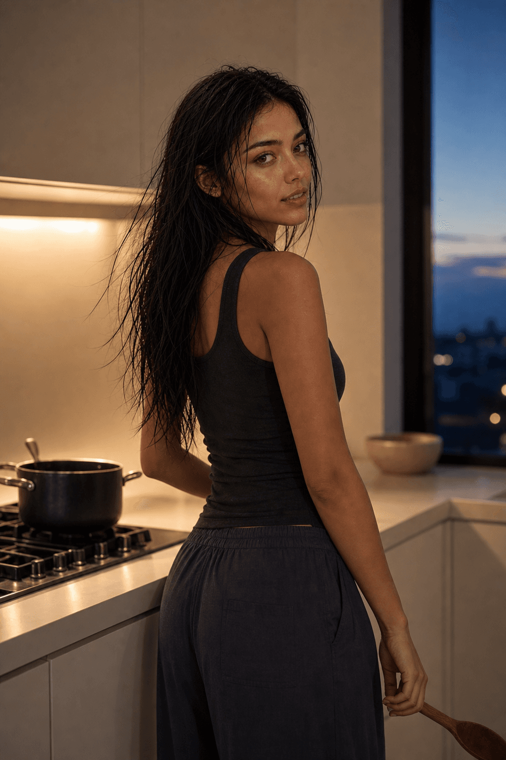 Monica in a quiet kitchen beside a window