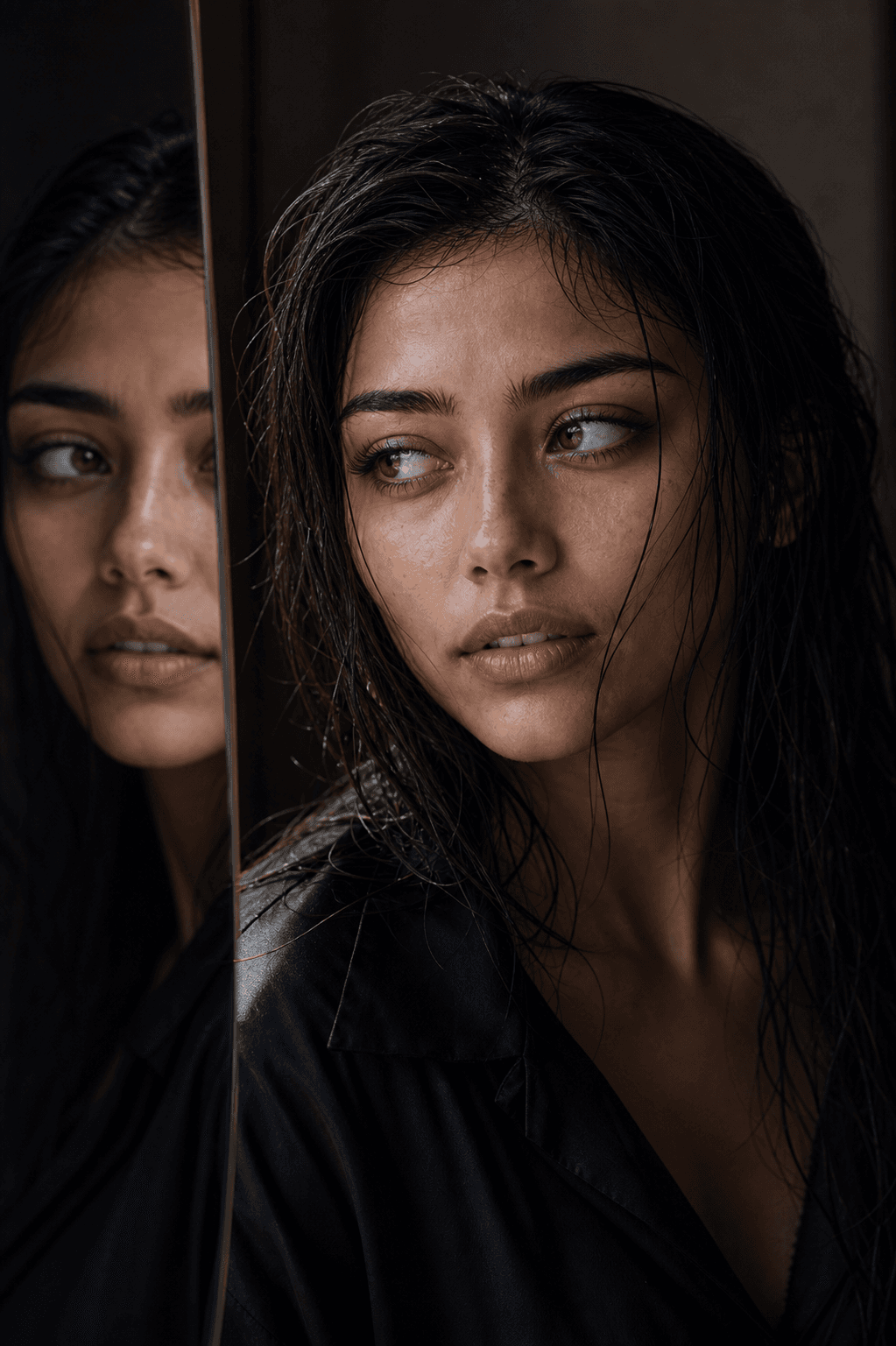 Monica and her reflection in a dark interior mirror