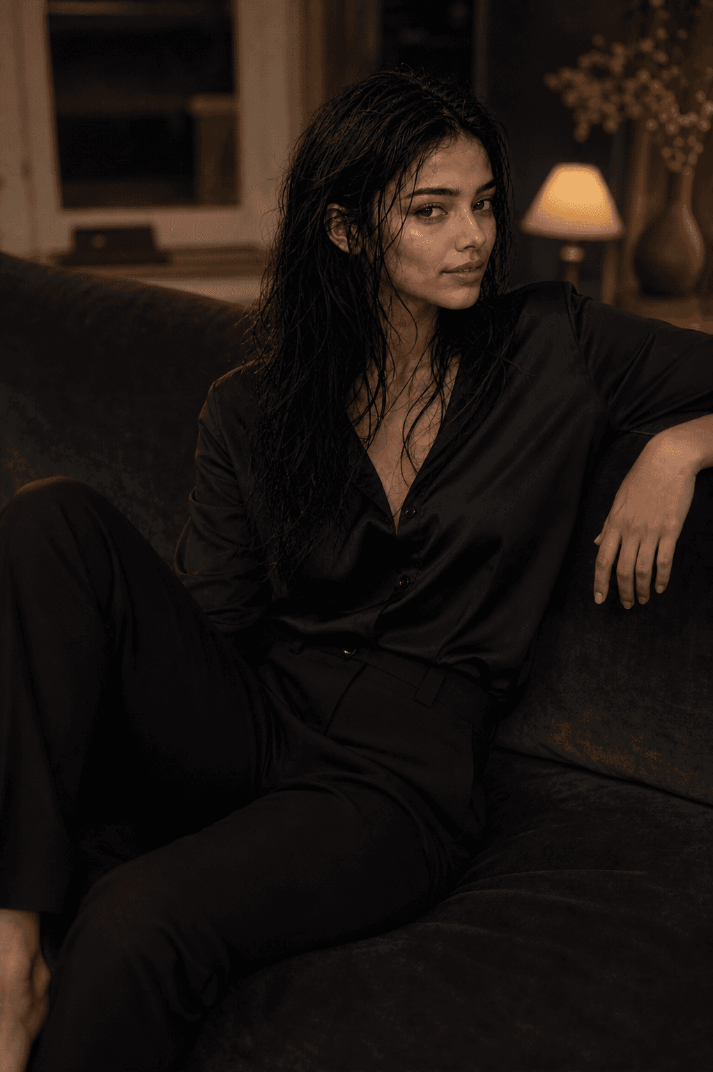 Monica reclining on a charcoal sofa in a black silk suit