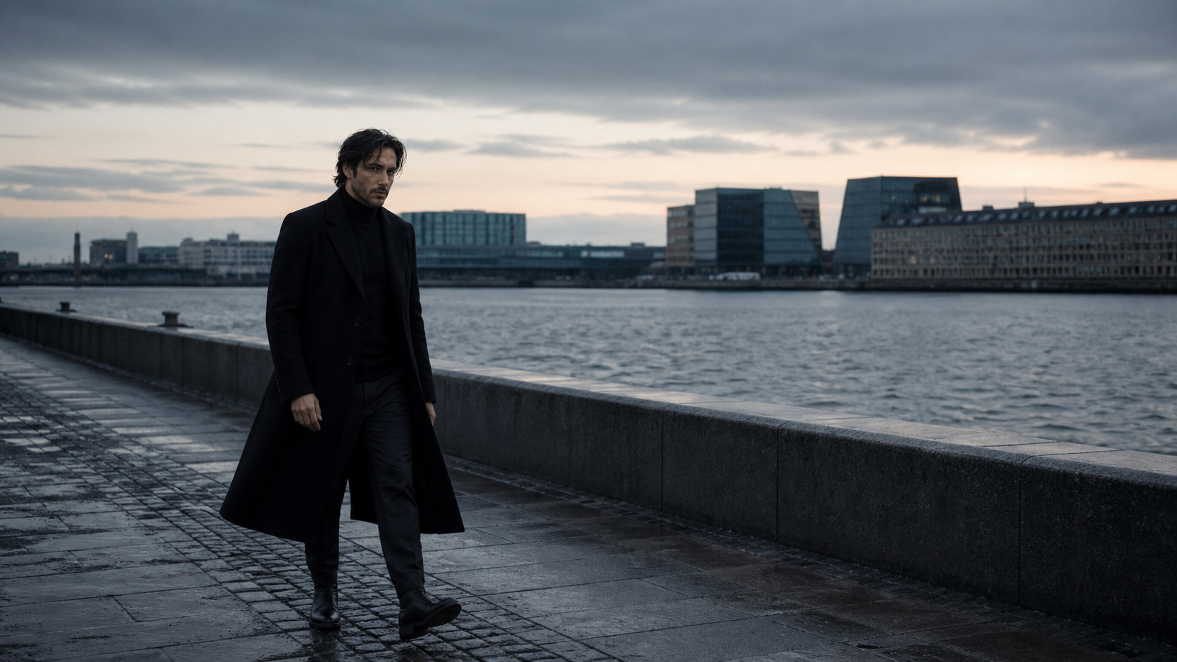 Deus crossing an empty waterfront at winter dawn