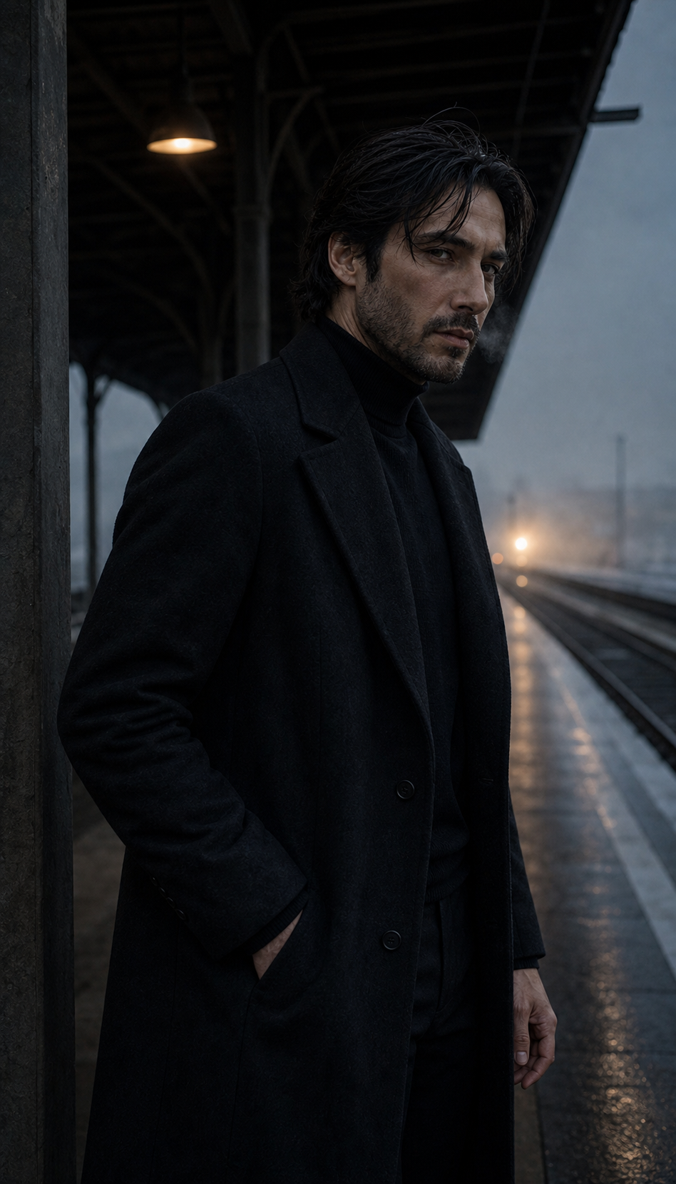 Deus at an empty train platform before sunrise