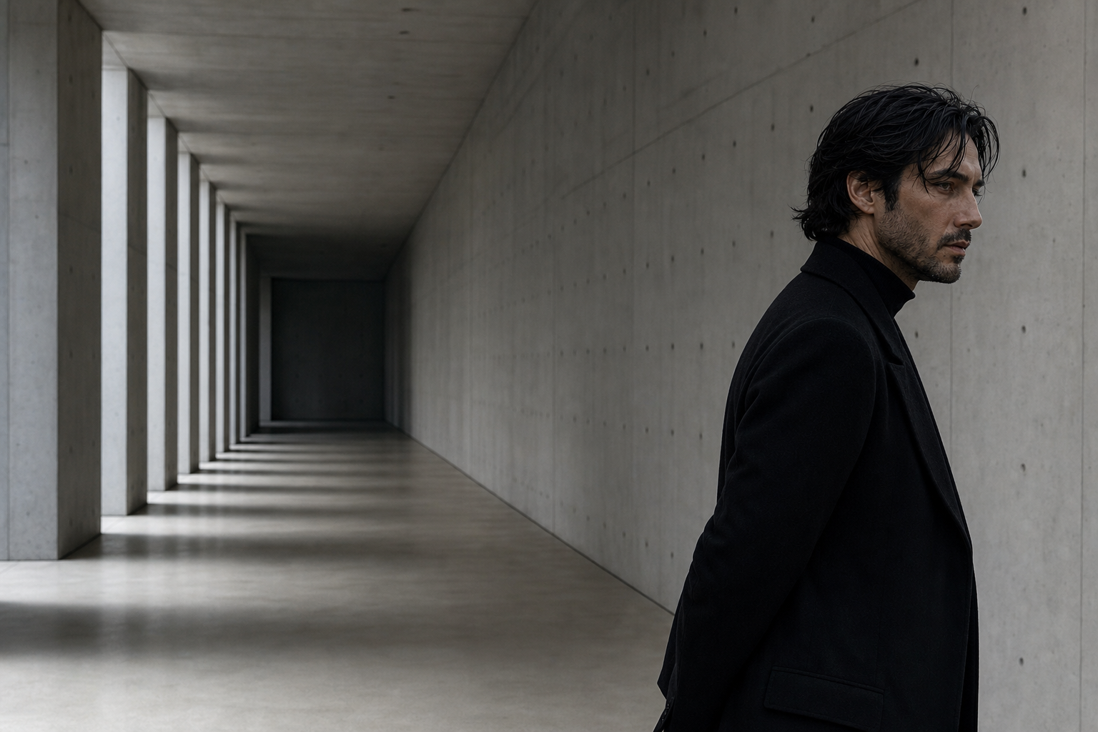 Deus in profile inside a monumental concrete corridor