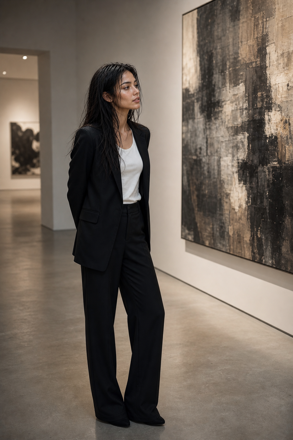 Monica standing beside gallery glass in a quiet museum