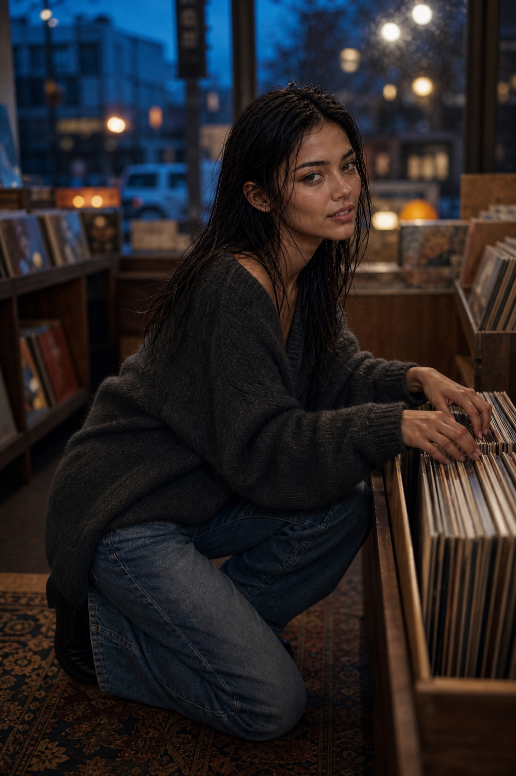 Monica browsing records in a dim independent shop